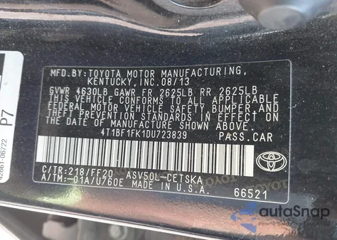 2013 Toyota Camry Se from USA, damaged, VIN 4T1BF1FK1DU723839